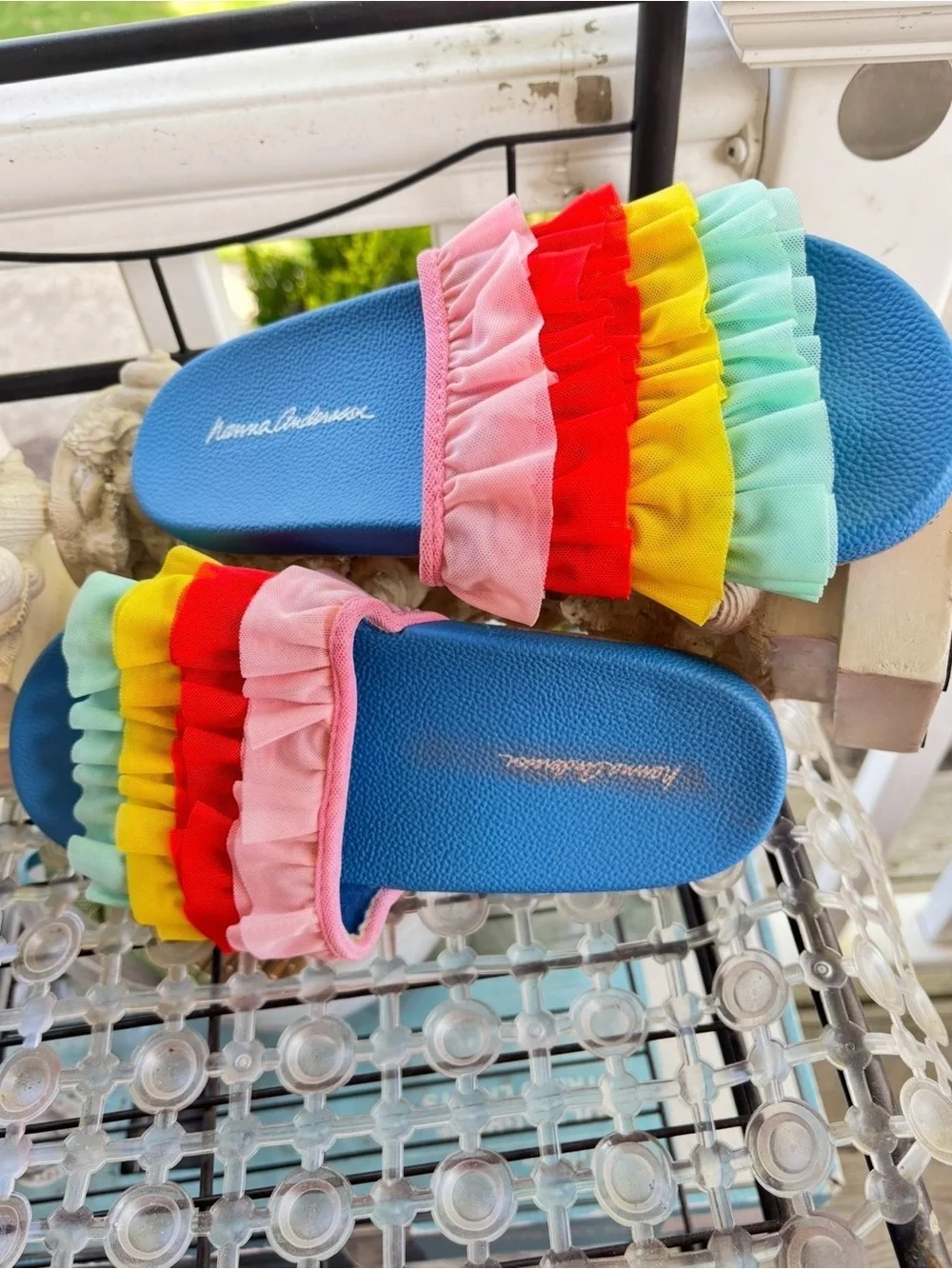 Hanna Andersson Blue Slide Sandals with Rainbow Ruffle Straps